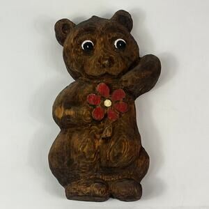 Vintage Handmade Wooden Bear Carved Hand Painted Wall Hanging Decor Red Flower